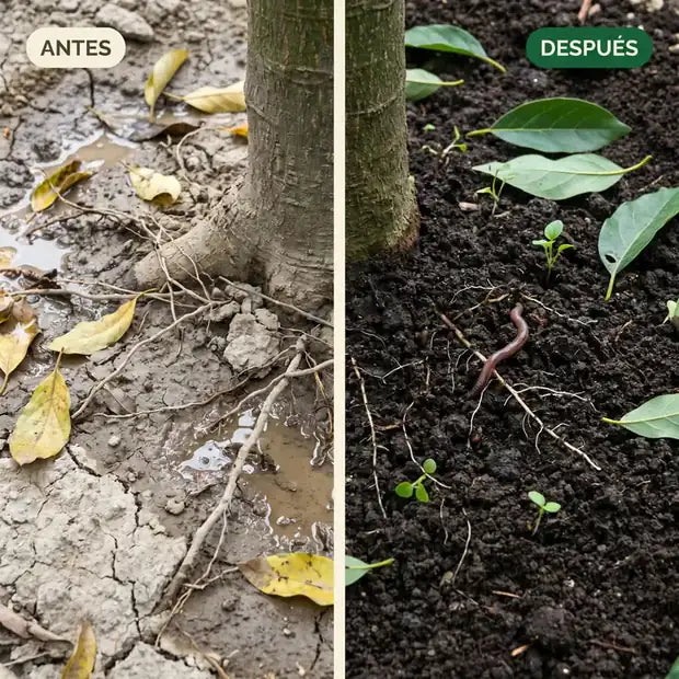 Antes: tierra compactada y agrietada al pie de la planta. Después: tierra negra, suelta y con lombrices