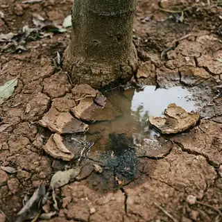 Agua encharcada sobre tierra compactada al pie de la planta